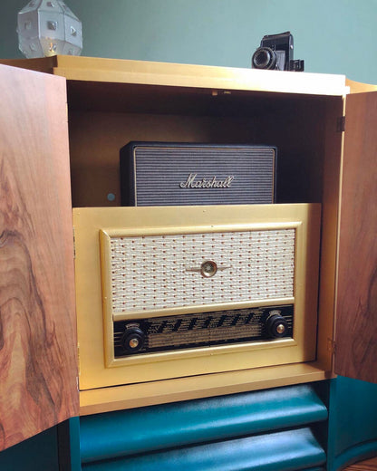 Meuble radio Art Déco bleu et or