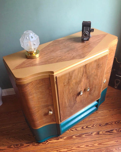 Meuble radio Art Déco bleu et or